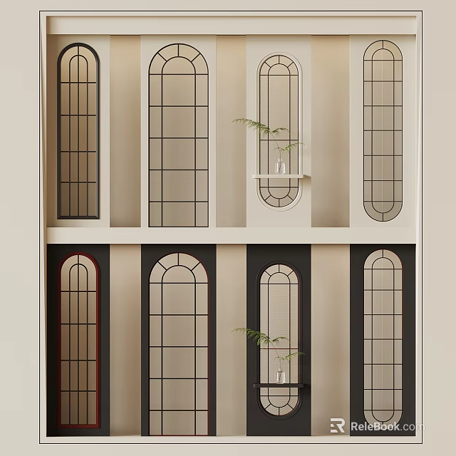 Arched Windows With Various Colored Frames In Modern Wall Design With Plant Shelf 3d model