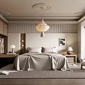 Modern Cozy Bedroom Interior With Wooden Wardrobe Pendant Light Bed Nightstand And Decorative Painting