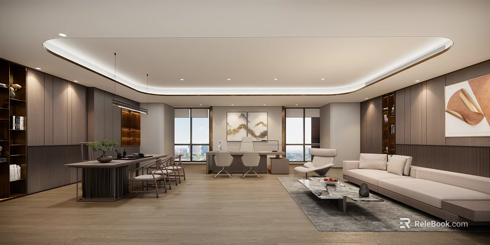 Modern Spacious Office Interior Design With Workstation Sofa Coffee Table And Artwork 3d model