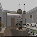 Modern Living Dining Room Interior With Sofa Coffee Table Wall Art Plants And Pendant Lights