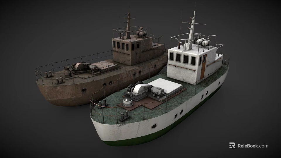 Natural Marine Scene With Two Vintage Brown And White Green Bottom Boats On Water 3d model 