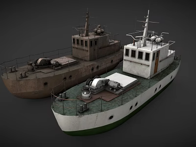 Natural Marine Scene With Two Vintage Brown And White Green Bottom Boats On Water 3d model