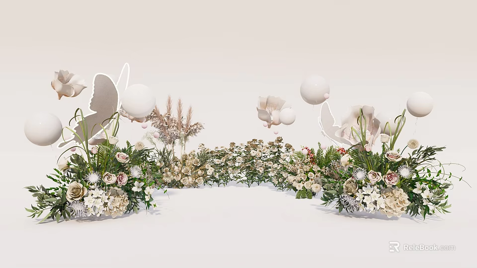 Elegant Floral Display With Curved White And Beige Flower Arrangement Decorative Balls And Wing Shapes 3d model 