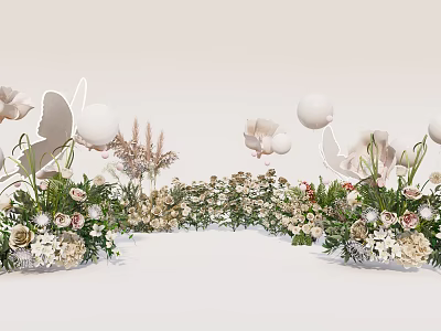 Elegant Floral Display With Curved White And Beige Flower Arrangement Decorative Balls And Wing Shapes 3d model