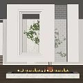 Modern Room Partition With White Frame Brick Wall Green Plant And Fireplace Flames