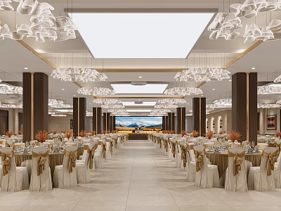 Luxurious Banquet Hall With Chandeliers Tables Chairs Golden Decor And Large Screen 3d model
