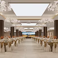 Luxurious Banquet Hall With Chandeliers Tables Chairs Golden Decor And Large Screen