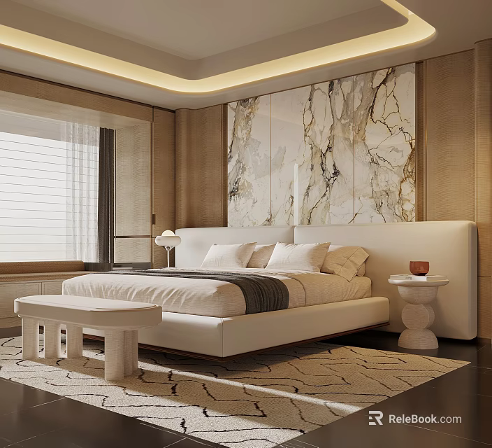 Elegant Modern Bedroom Interior With White Bed Marble Wall Bench And Window Blinds 3d model 