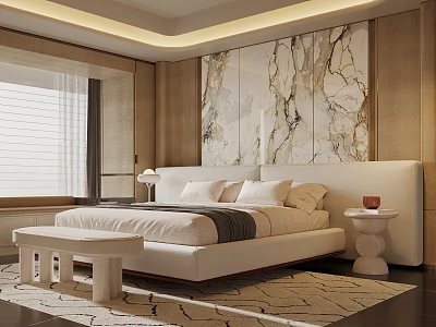 Elegant Modern Bedroom Interior With White Bed Marble Wall Bench And Window Blinds 3d model
