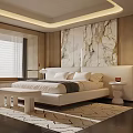 Elegant Modern Bedroom Interior With White Bed Marble Wall Bench And Window Blinds