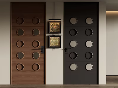 Brown And Black Wooden Swing Doors With Circular Cutouts In Interior Setting 3d model
