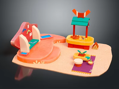 Cartoon Playground Scene with Pink Slide Green Roof Pavilion Yellow Table and Colorful Mat 3d model