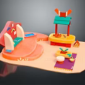 Cartoon Playground Scene with Pink Slide Green Roof Pavilion Yellow Table and Colorful Mat