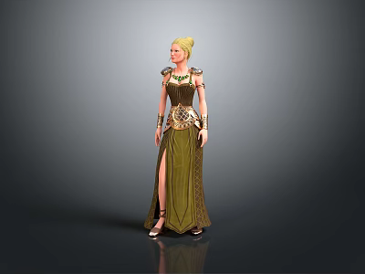 Elegant Woman With Blonde Hair Wearing Green Long Dress And Decorative Jewelry Standing Pose 3d model