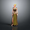Elegant Woman With Blonde Hair Wearing Green Long Dress And Decorative Jewelry Standing Pose