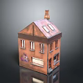 Brown House Architecture Model With Sloped Roof Chimney Skylights Windows And Decorative Patterns