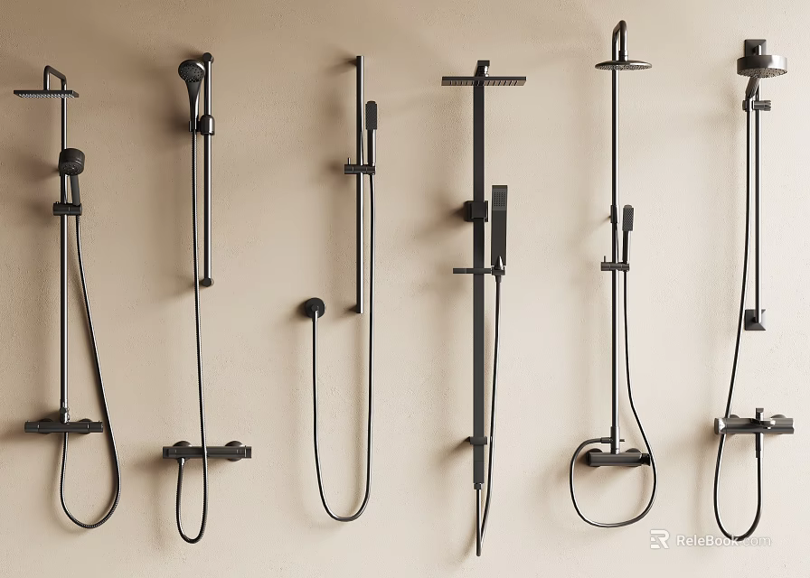 Stylish Black Wall Mounted Shower Systems With Various Modern Design Styles 3d model