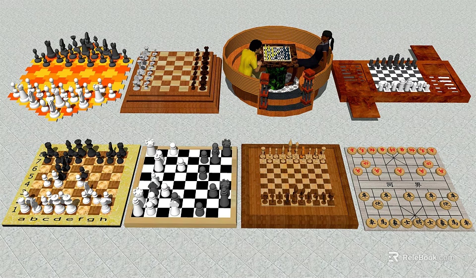 Various Board Games Entertainment Collection With Wooden Boards Chess Pieces And Checkers Sets 3d model 