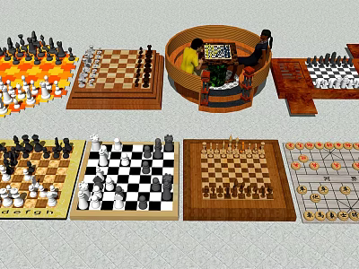 Various Board Games Entertainment Collection With Wooden Boards Chess Pieces And Checkers Sets 3d model
