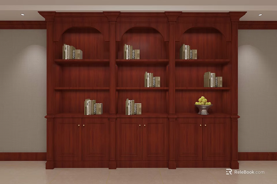 Traditional Wooden Bookcase With Multiple Shelves Holding Books And Fruit Basket 3d model 