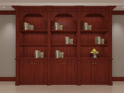 Traditional Wooden Bookcase With Multiple Shelves Holding Books And Fruit Basket 3d model