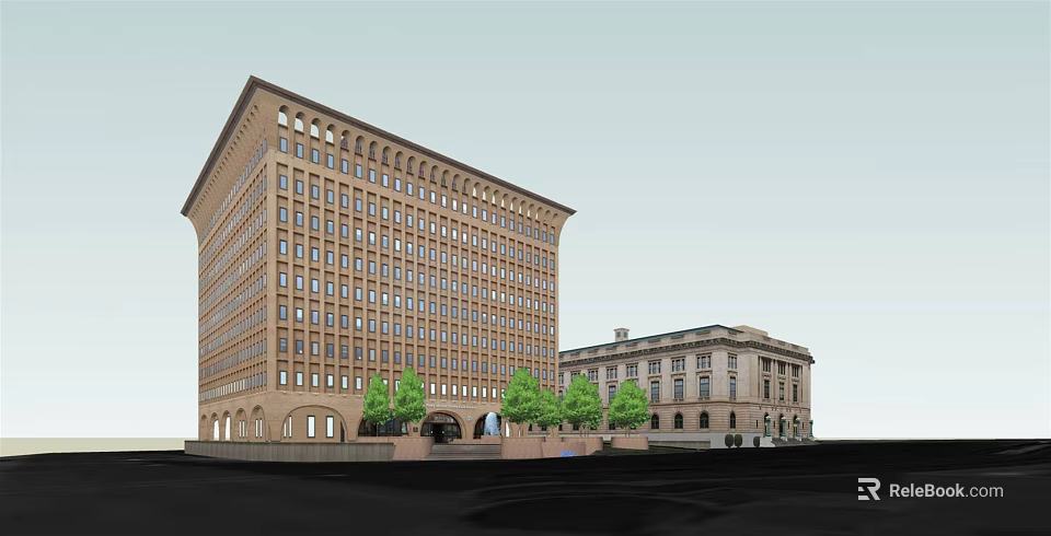 Tall Classical Office Building With Multiple Windows Adjacent Low Rise And Trees 3d model 