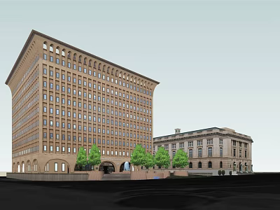 Tall Classical Office Building With Multiple Windows Adjacent Low Rise And Trees 3d model
