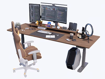 Modern Computer Desk and Ergonomic Chair Set with Dual Monitors and Office Supplies 3d model