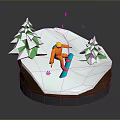 3D Model Scene Featuring Snowboarder In Orange Outfit Origami Style Pine Trees And Snowy Ground