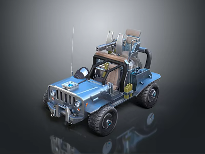 Blue Military Style Off Road Vehicle With Roof Equipment Antenna And Large Wheels 3d model