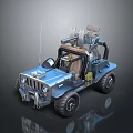 Blue Military Style Off Road Vehicle With Roof Equipment Antenna And Large Wheels