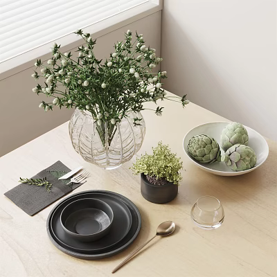 Stylish Dinnerware Set With Black Plates Spoon Fork Glass Cup And Artichoke Bowl On Table 3d model