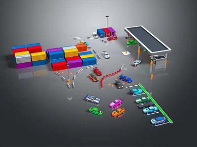 Cartoon Scene Featuring Busy Port Colorful Containers Parking Lot Vehicles Toll Booth And Traffic Signs 3d model
