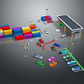 Cartoon Scene Featuring Busy Port Colorful Containers Parking Lot Vehicles Toll Booth And Traffic Signs