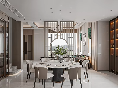 Elegant Modern Dining Living Room With Round Table Chairs And Greenery Decor 3d model