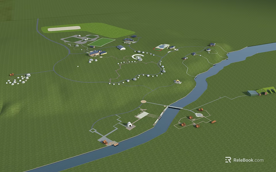 Scenic Countryside Landscape With Winding River Green Grass Fields Bridge And Buildings 3d model 