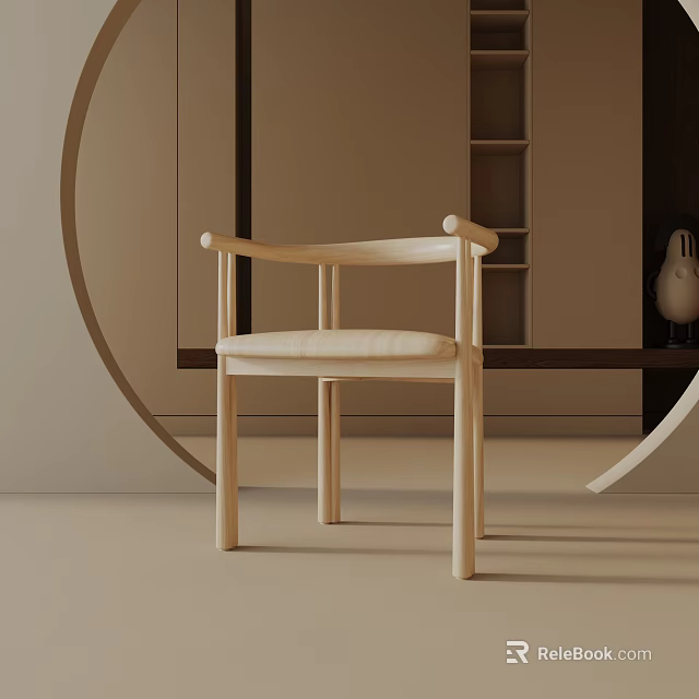 Modern Wooden Accent Chair With Armrests And Beige Fabric Cushion In Minimalist Interior 3d model 