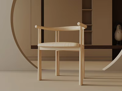 Modern Wooden Accent Chair With Armrests And Beige Fabric Cushion In Minimalist Interior 3d model