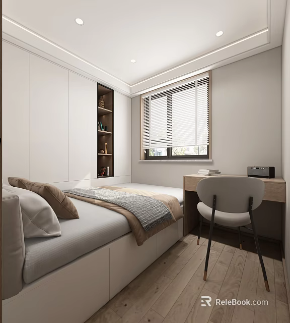Modern Tatami Bedroom Interior With Tatami Bed White Storage Cabinets Desk Chair And Window Blinds 3d model 
