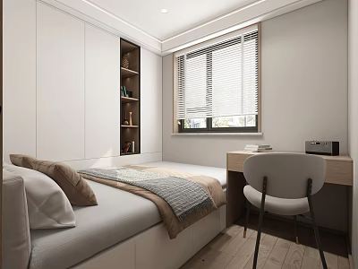 Modern Tatami Bedroom Interior With Tatami Bed White Storage Cabinets Desk Chair And Window Blinds 3d model