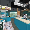 Modern Dessert Shop Interior With Blue Display Counters Wooden Shelves And Colorful Floor