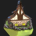 Cartoon Scene Of Floating Island With Quirky House Tilted Roof Watermill And Wooden Fence