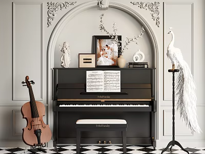 Musical Instruments And Art Supplies Featuring Piano Violin Sheet Music Arched Wall Black White Floor 3d model