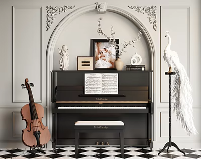 Musical Instruments And Art Supplies Featuring Piano Violin Sheet Music Arched Wall Black White Floor 3d model