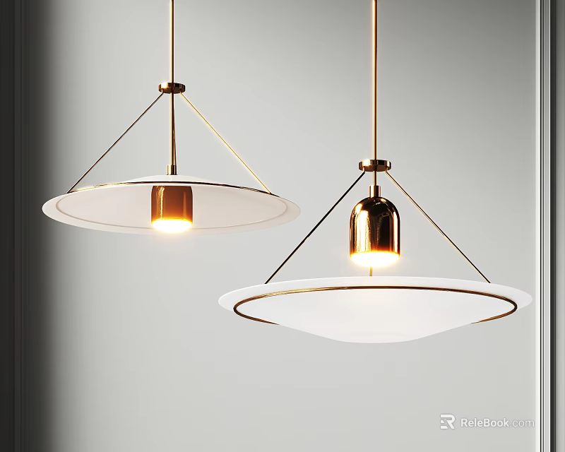 Modern Style Pendant Lights With Gold Metal And White Circular Shades 3d model 