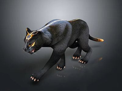 Black Panther With Yellow Eyes Walking On Gray Background Displaying Sharp Paws 3d model