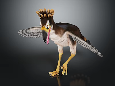 Detailed 3D Bird with Crest Open Wings Yellow Legs and Long Beak 3d model