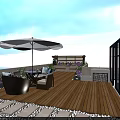 Cozy Roof Garden with Wooden Deck Outdoor Furniture Umbrella Green Plants and Sunset View