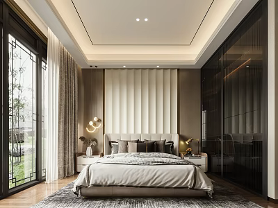 Modern Bedroom Interior With King Size Bed Upholstered Accent Wall And Floor to Ceiling Windows 3d model