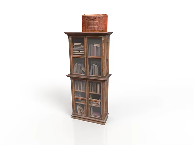 Classic Wooden Bookshelf With Glass Door Compartments Holding Books And Brown Box On Top 3d model